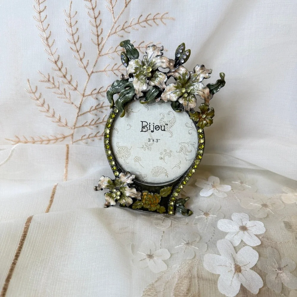 Bijou Picture Frame Floral Enamel Rhinestone VTG Art Nouveau Style 3x3 Whimsical